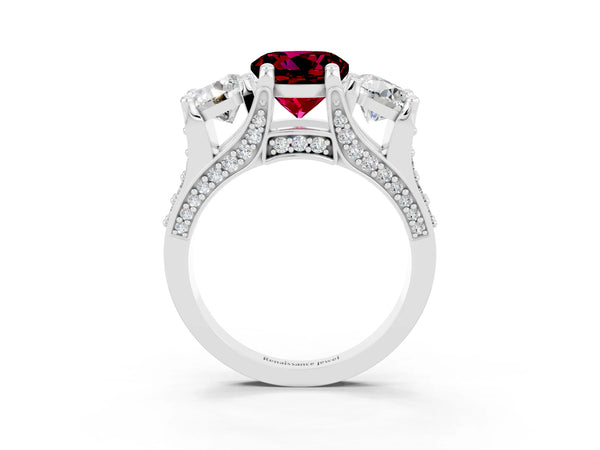 Silver Round Cut Garnet Three-Stone Ring with Channel Set Band and Four-Prong Setting