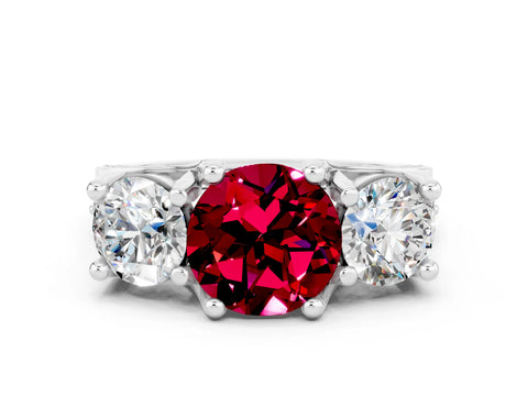 White gold Round Cut Garnet Three-Stone Ring with Channel Set Band and Four-Prong Setting