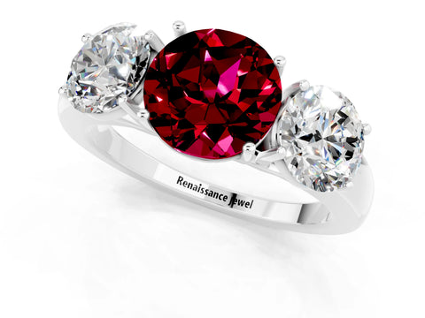 White gold Round Cut Garnet Three-Stone Ring with Four-Prong Setting and Classic Band_1