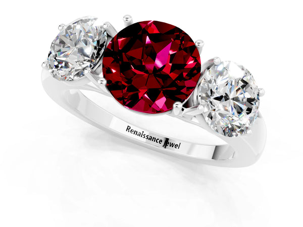 White gold Round Cut Garnet Three-Stone Ring with Four-Prong Setting and Classic Band