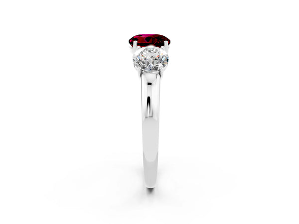 Silver Round Cut Garnet Three-Stone Ring with Four-Prong Setting and Classic Band