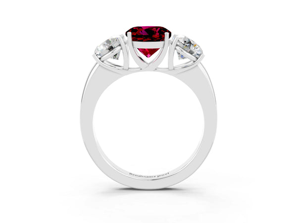 Platinum Round Cut Garnet Three-Stone Ring with Four-Prong Setting and Classic Band