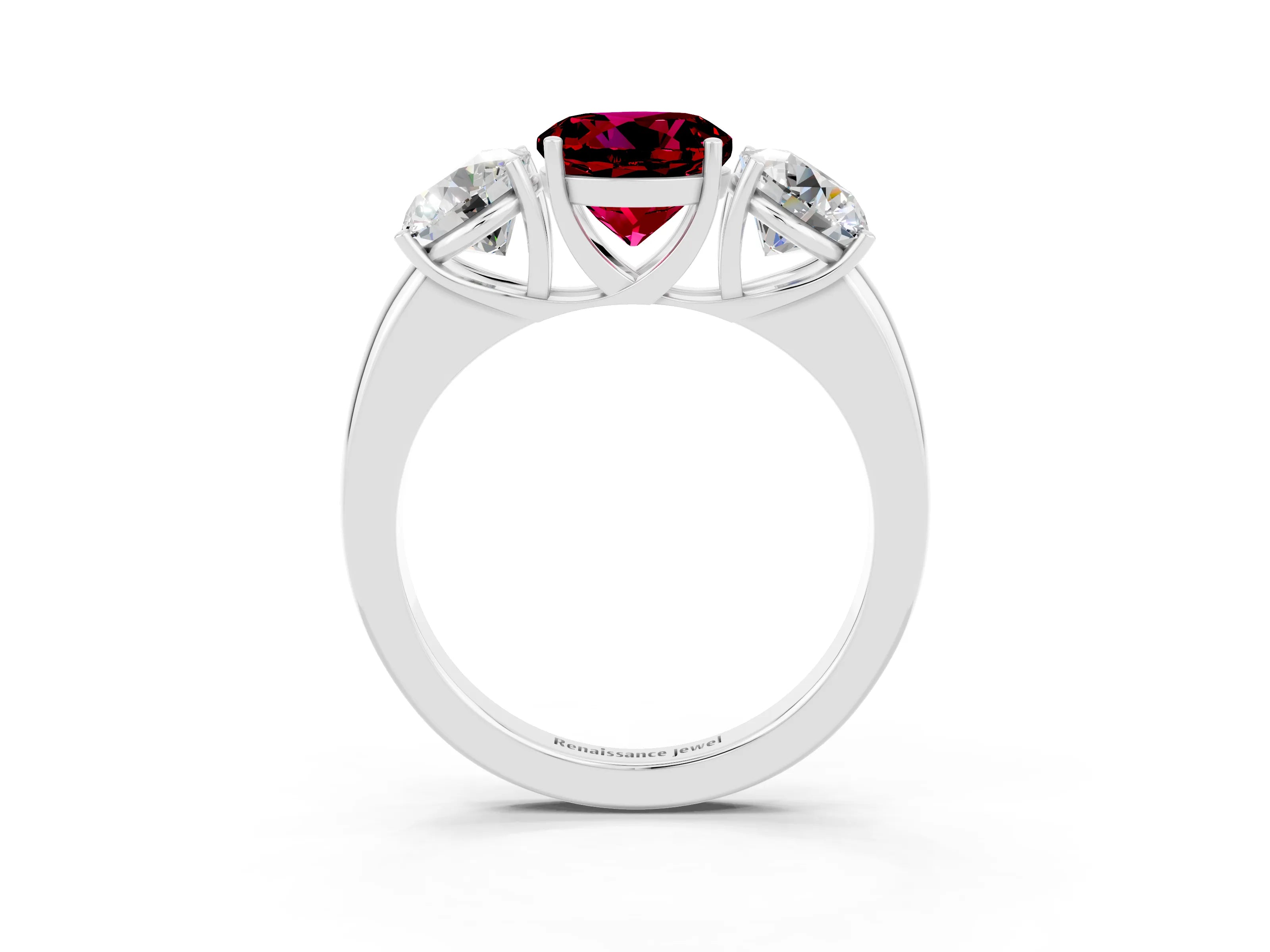 White gold Round Cut Garnet Three-Stone Ring with Four-Prong Setting and Classic Band_3