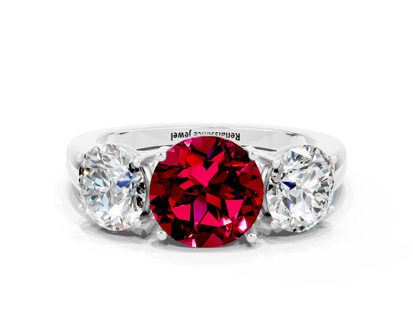Silver Round Cut Garnet Three-Stone Ring with Four-Prong Setting and Classic Band