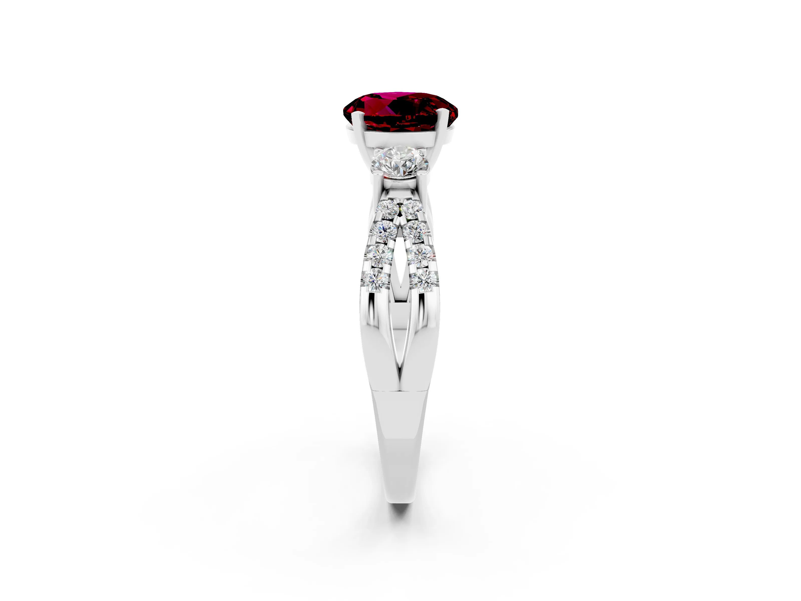 White gold Round Cut Garnet Three-Stone Ring with Pavé Split Shank and Four-Prong Setting_2