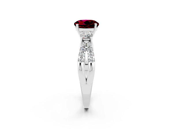 Silver Round Cut Garnet Three-Stone Ring with Pavé Split Shank and Four-Prong Setting