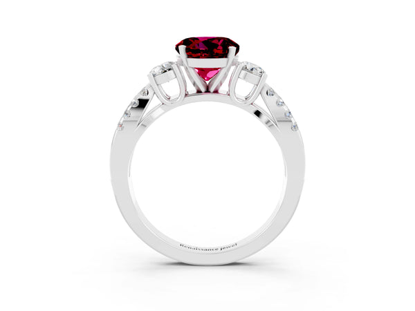 White gold Round Cut Garnet Three-Stone Ring with Pavé Split Shank and Four-Prong Setting