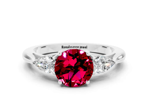 White gold Round Cut Garnet Three-Stone Ring with Pear Side Stones and Four-Prong Setting_12