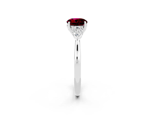 White gold Round Cut Garnet Three-Stone Ring with Pear  Side Stones and Prong Setting