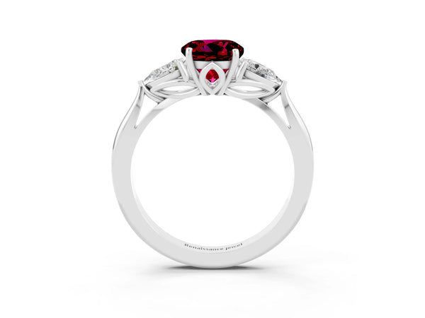Platinum Round Cut Garnet Three-Stone Ring with Pear  Side Stones and Prong Setting