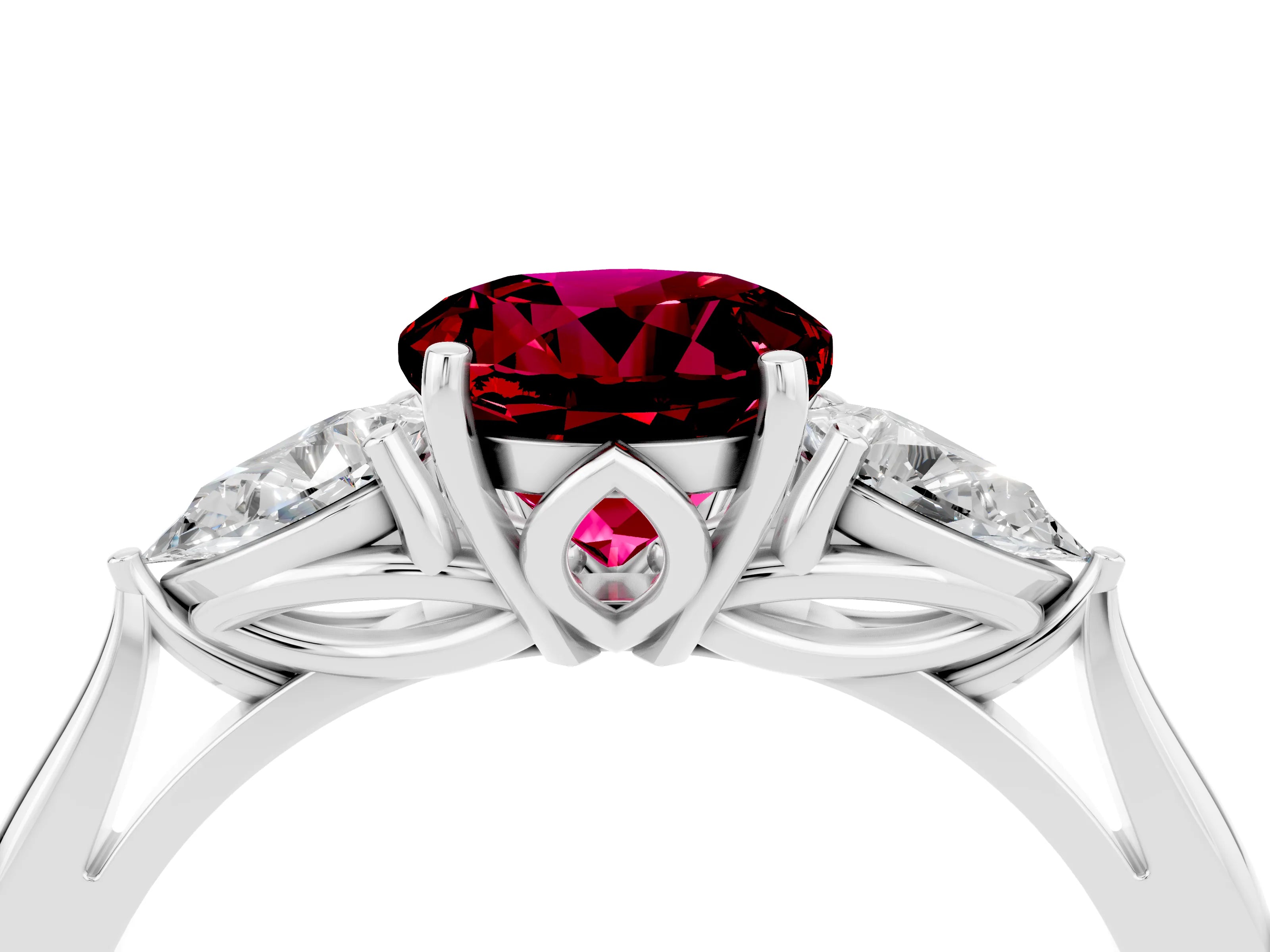 White gold Round Cut Garnet Three-Stone Ring with Pear Side Stones and Four-Prong Setting_16