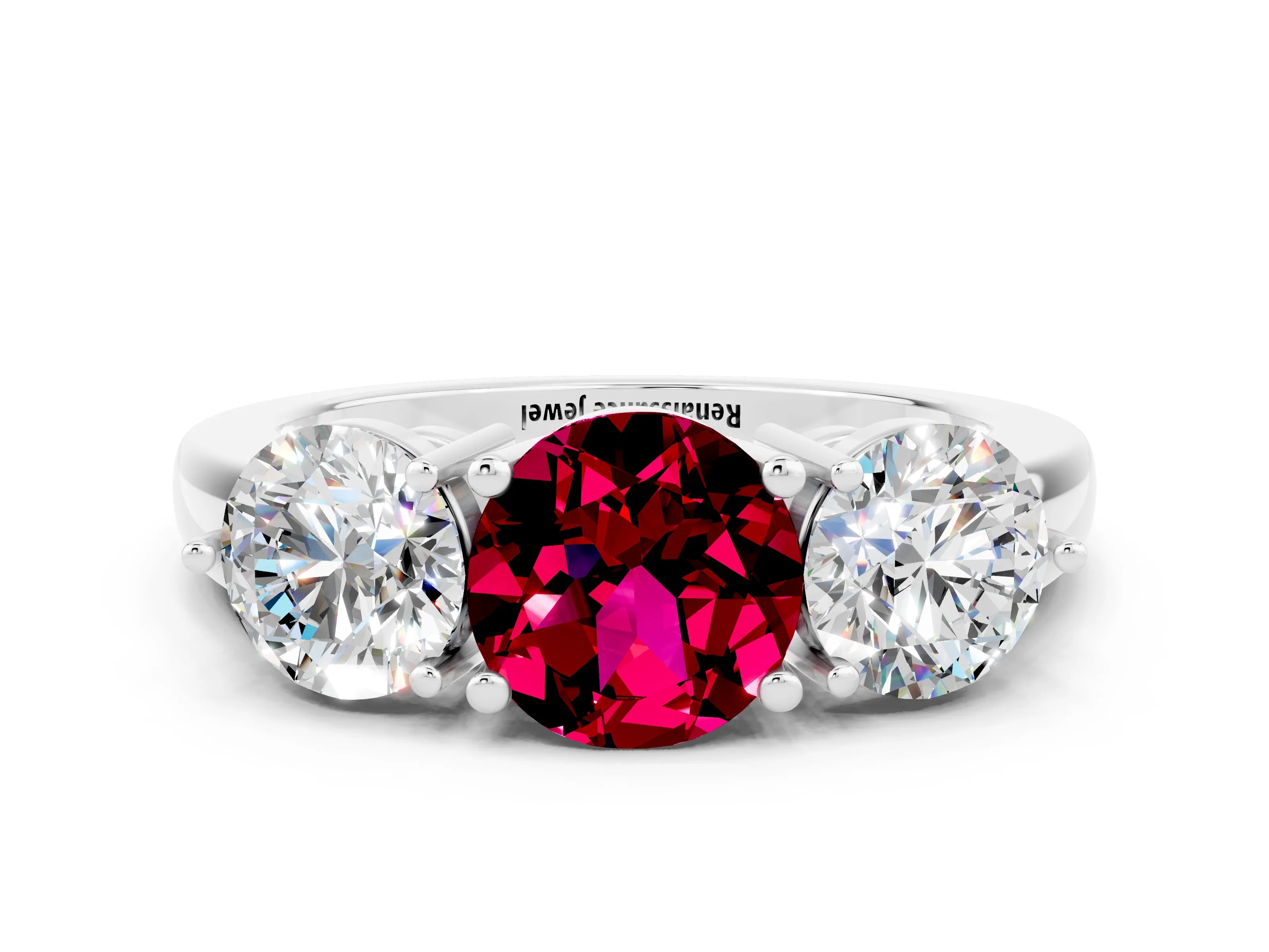 White gold Round Cut Garnet Three-Stone Ring with Prong Setting and Classic Band