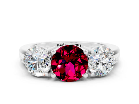White gold Round Cut Garnet Three-Stone Ring with Prong Setting and Classic Band