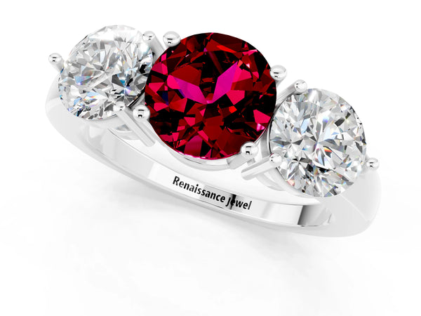 Platinum Round Cut Garnet Three-Stone Ring with Prong Setting and Classic Band