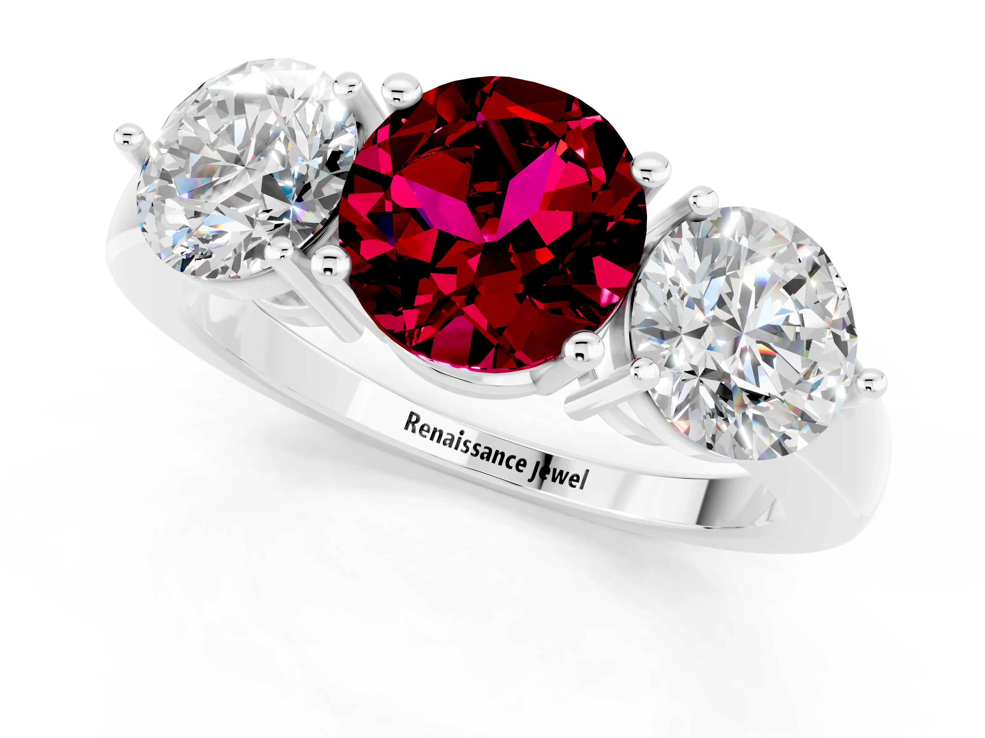 White gold Round Cut Garnet Three-Stone Ring with Prong Setting and Classic Band_1