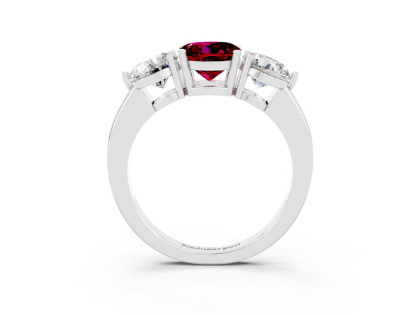 Silver Round Cut Garnet Three-Stone Ring with Prong Setting and Classic Band