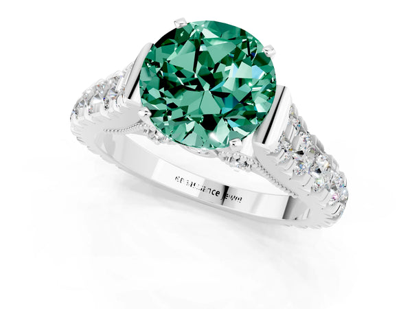 Platinum Round Cut Green Sapphire Classic Solitaire Ring with Pavé Band and Four-Prong Setting