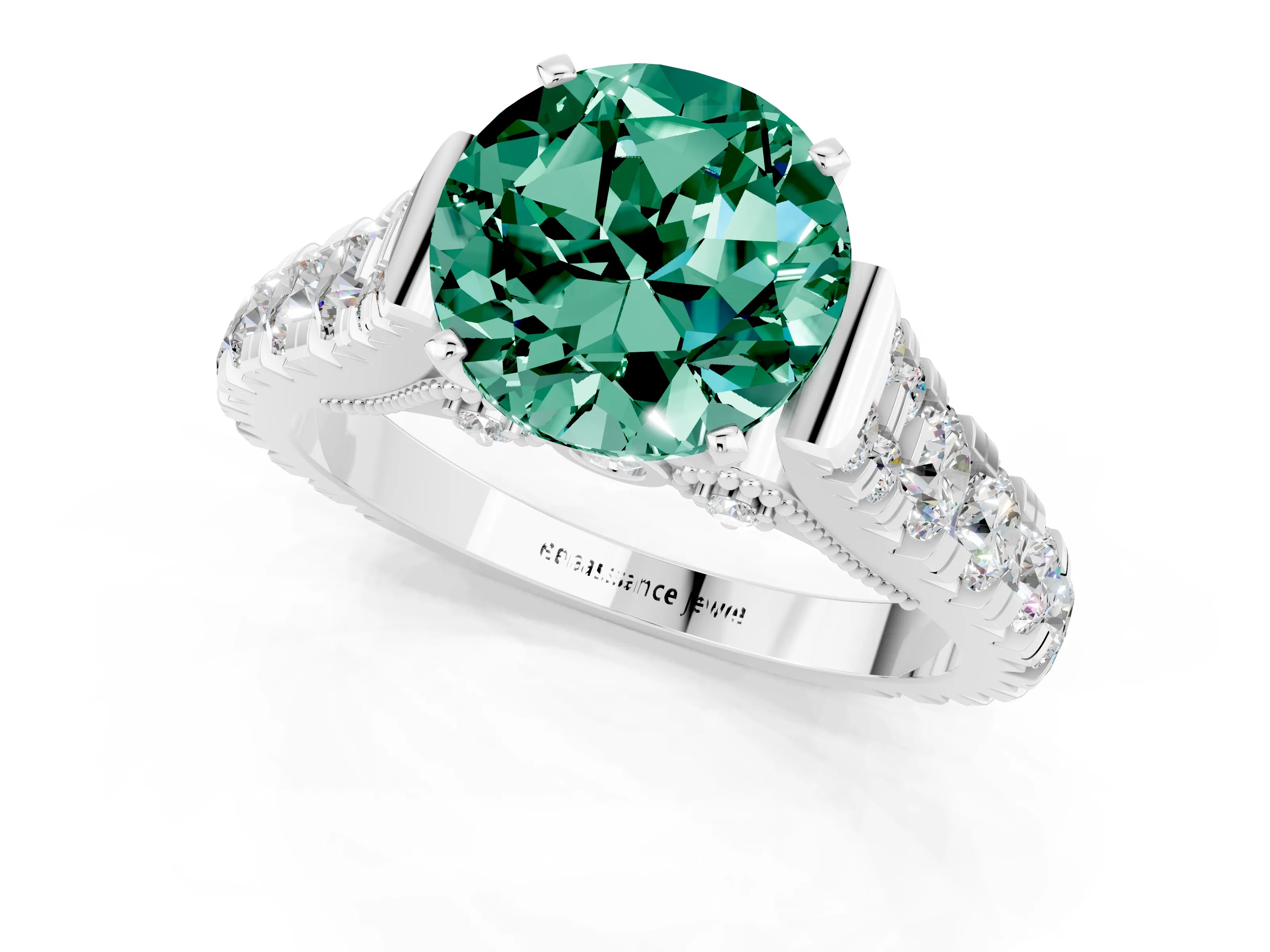 White gold Round Cut Green Sapphire Classic Solitaire Ring with Pavé Band and Four-Prong Setting_1