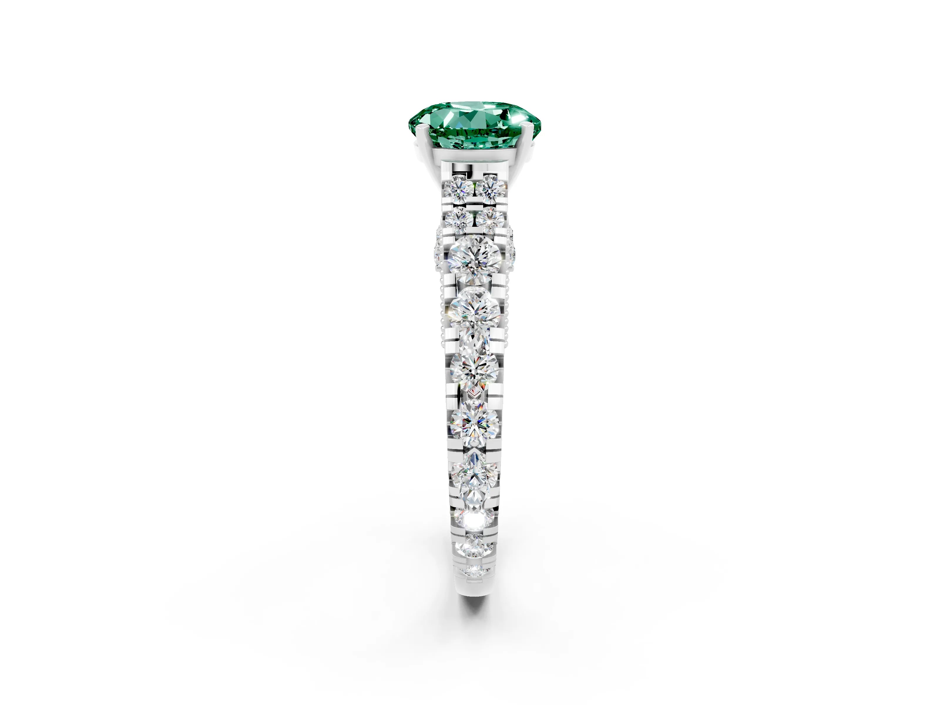White gold Round Cut Green Sapphire Classic Solitaire Ring with Pavé Band and Four-Prong Setting_2