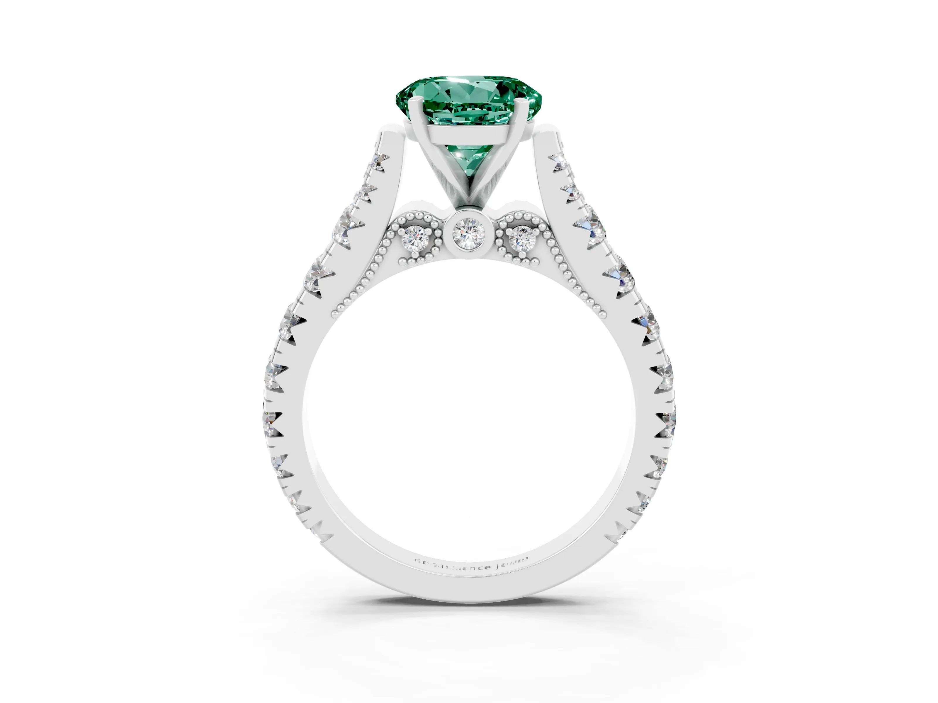 White gold Round Cut Green Sapphire Classic Solitaire Ring with Pavé Band and Four-Prong Setting_3