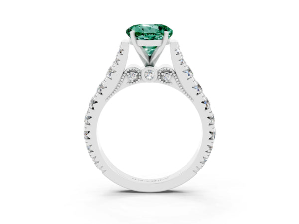 Silver Round Cut Green Sapphire Classic Solitaire Ring with Pavé Band and Four-Prong Setting
