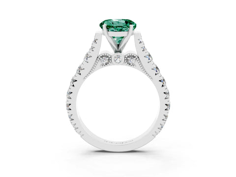 White gold Round Cut Green Sapphire Classic Solitaire Ring with Pavé Band and Four-Prong Setting_3