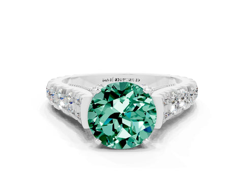 White gold Round Cut Green Sapphire Classic Solitaire Ring with Pavé Band and Four-Prong Setting
