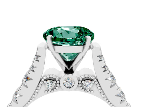 White gold Round Cut Green Sapphire Classic Solitaire Ring with Pavé Band and Four-Prong Setting_4