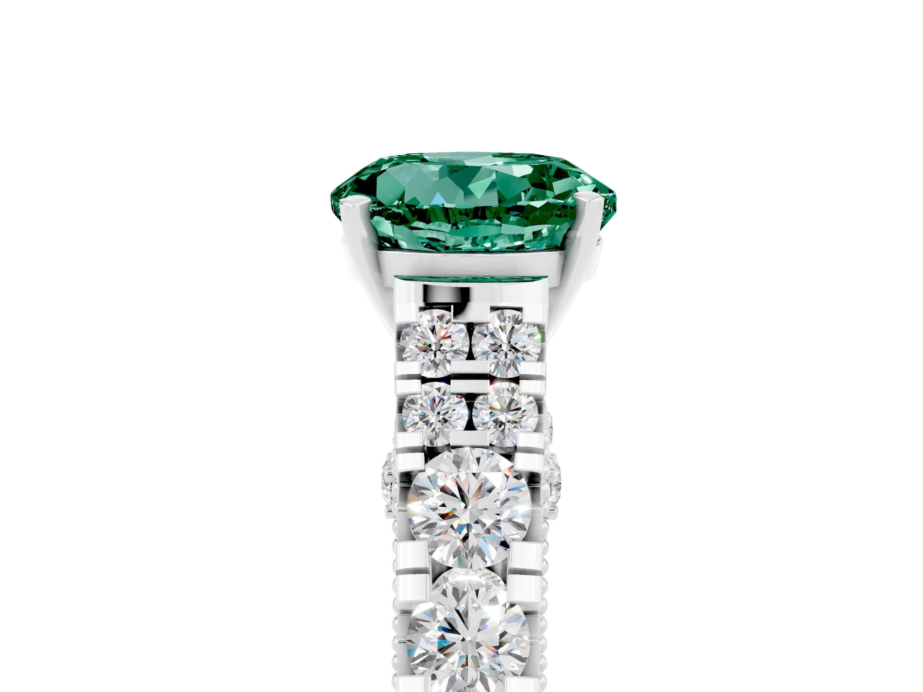 White gold Round Cut Green Sapphire Classic Solitaire Ring with Pavé Band and Four-Prong Setting_5