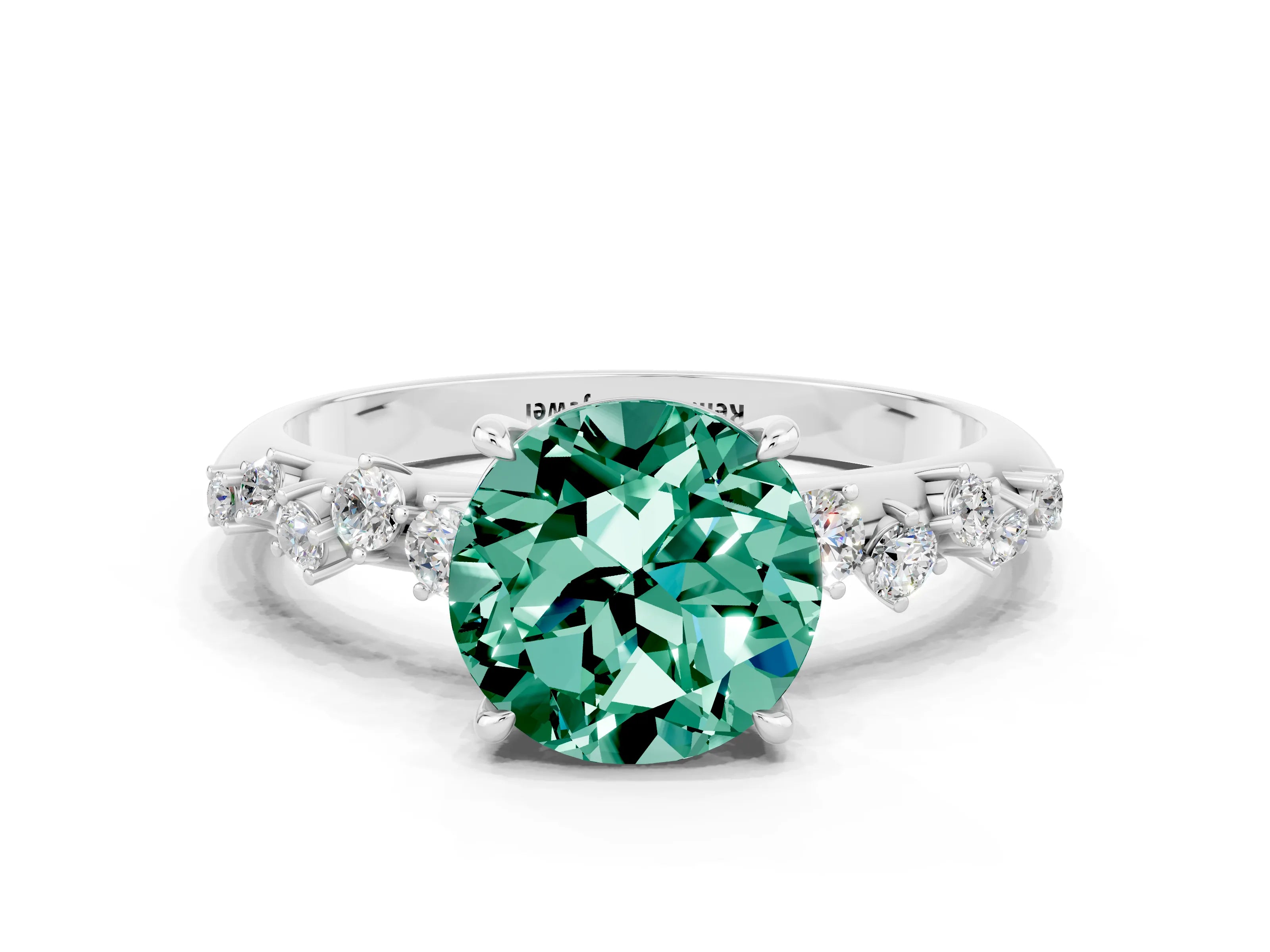 White gold Round Cut Green Sapphire Cluster Side Stone Solitaire Ring with Prong Setting_24