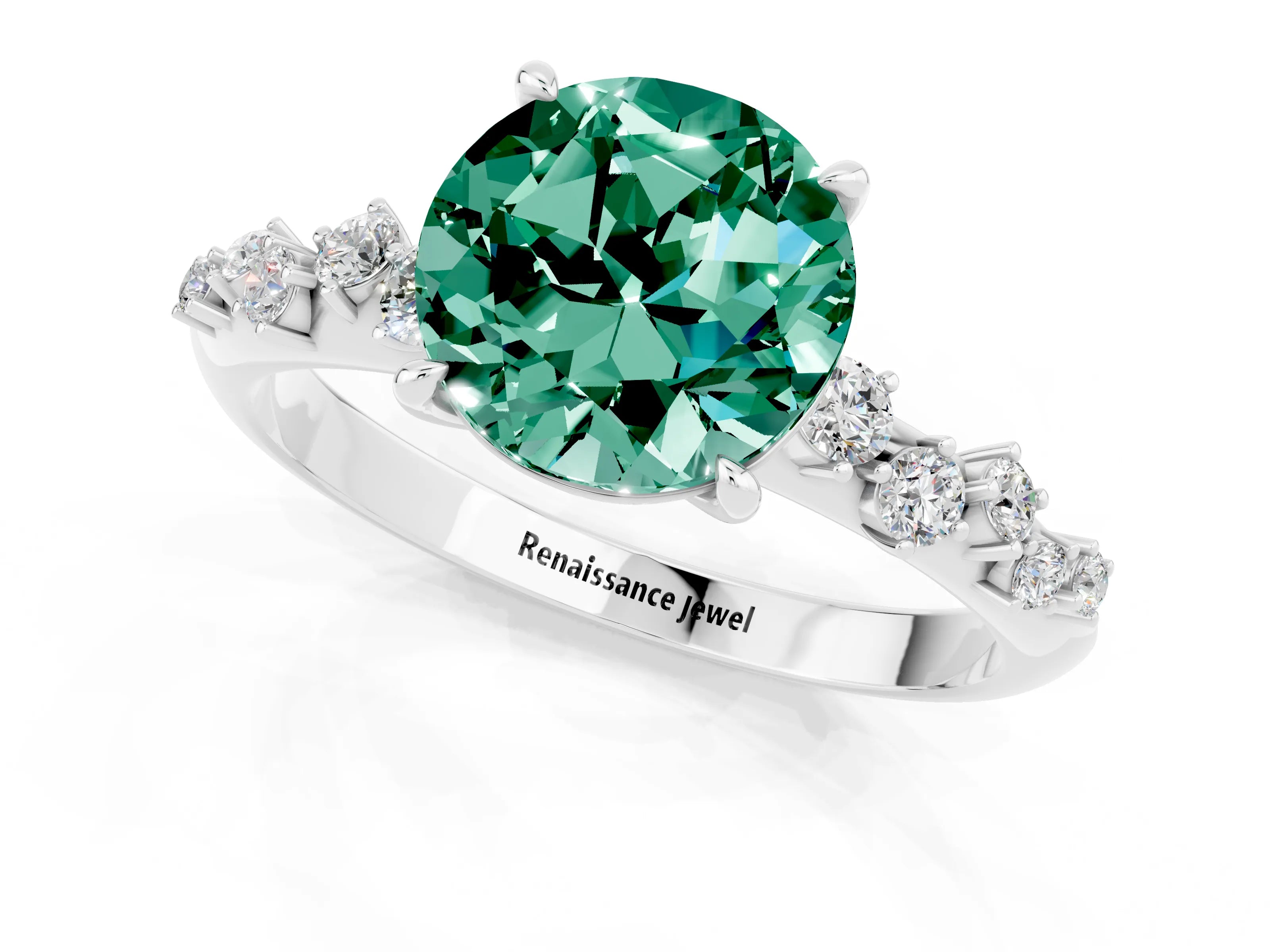 White gold Round Cut Green Sapphire Cluster Side Stone Solitaire Ring with Prong Setting_25