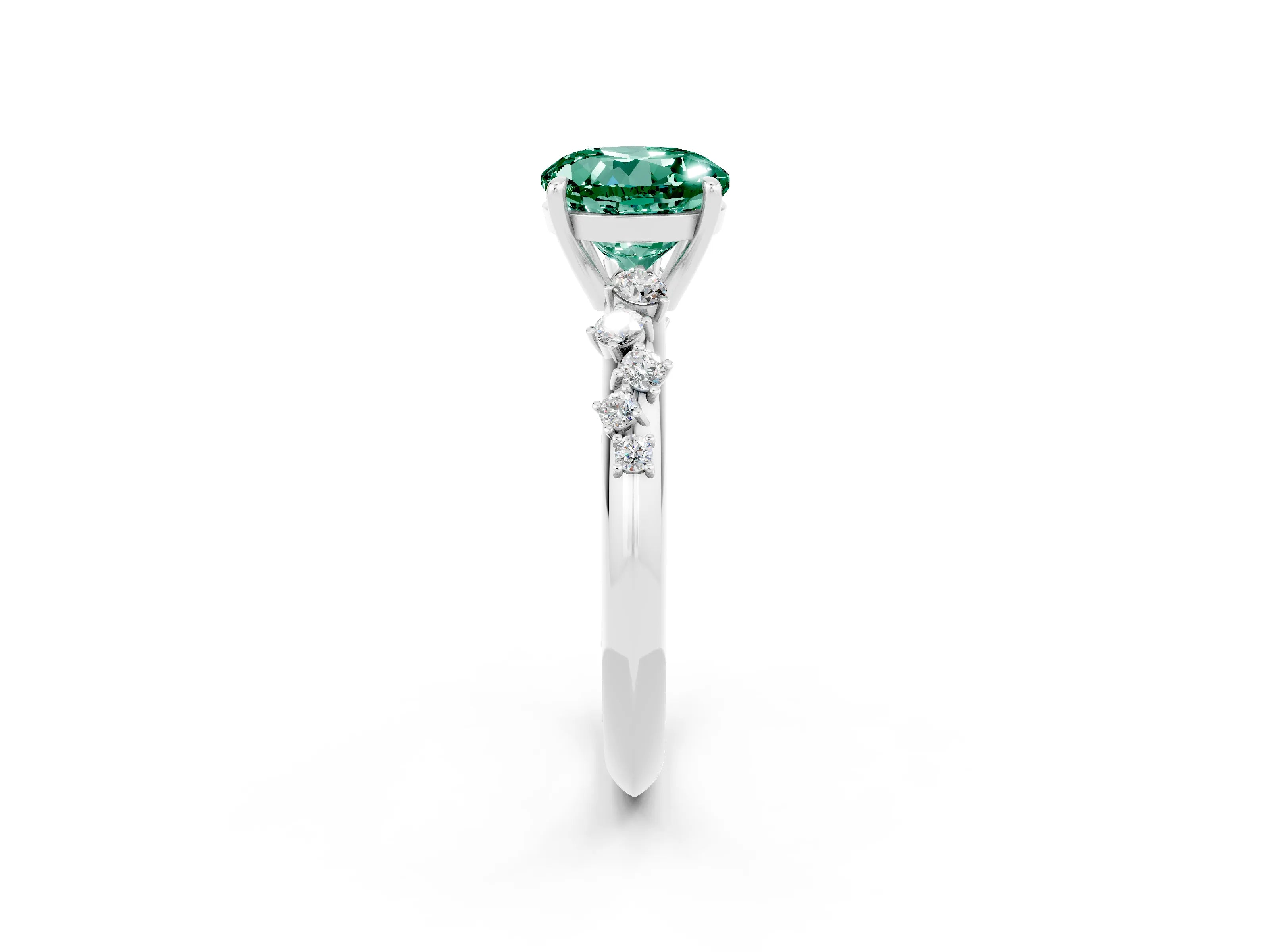 White gold Round Cut Green Sapphire Cluster Side Stone Solitaire Ring with Prong Setting_26