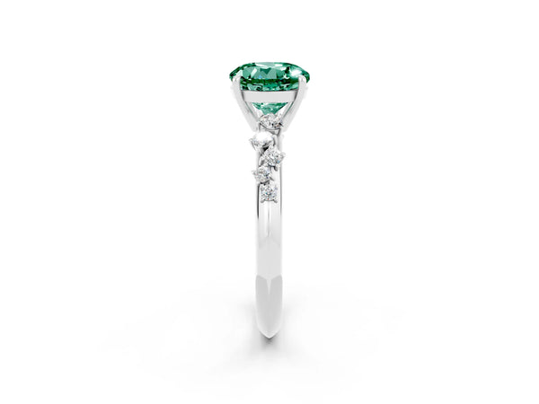Platinum Round Cut Green Sapphire Cluster Side Stone Solitaire Ring with Prong Setting