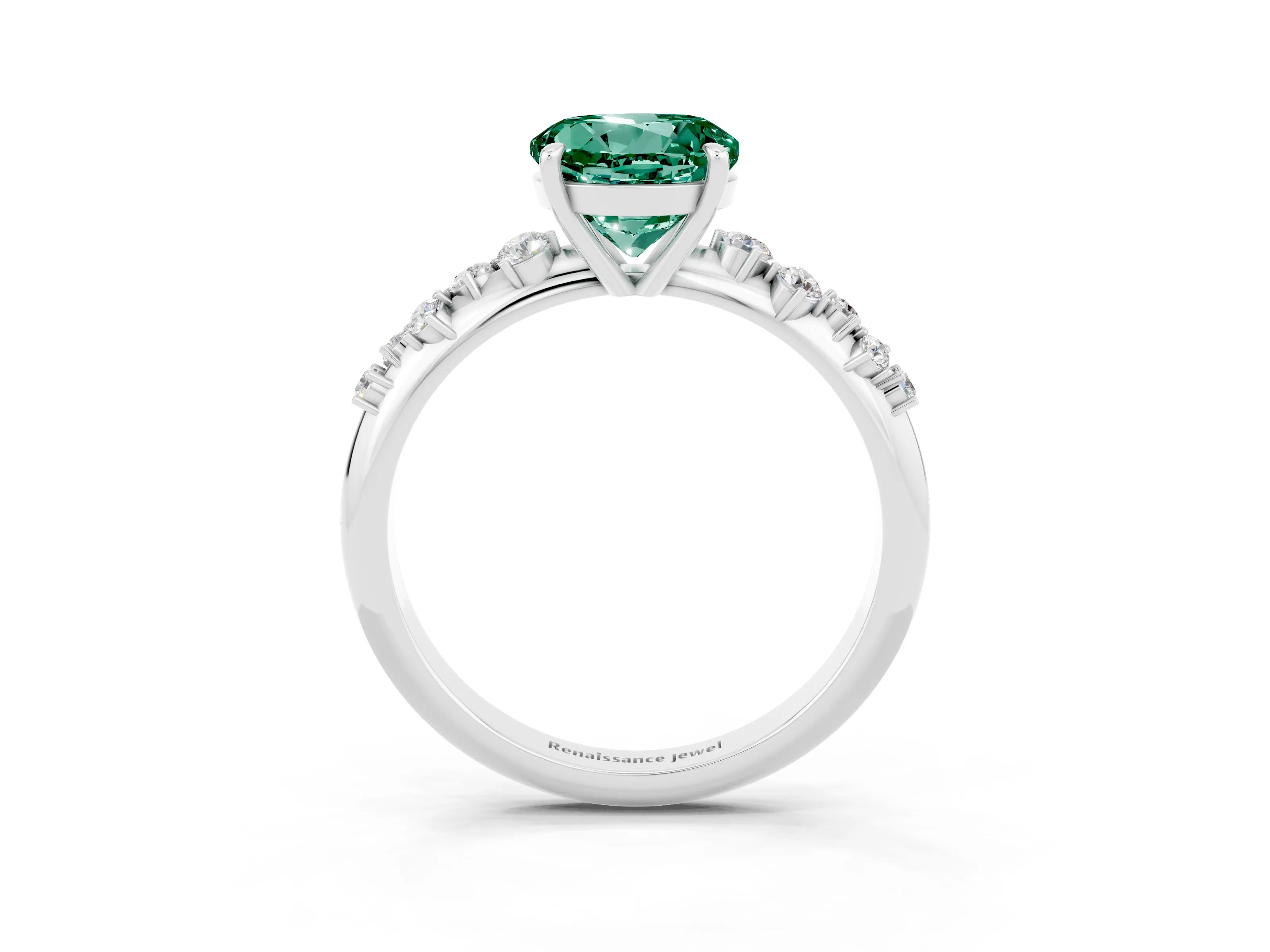 White gold Round Cut Green Sapphire Cluster Side Stone Solitaire Ring with Prong Setting_27
