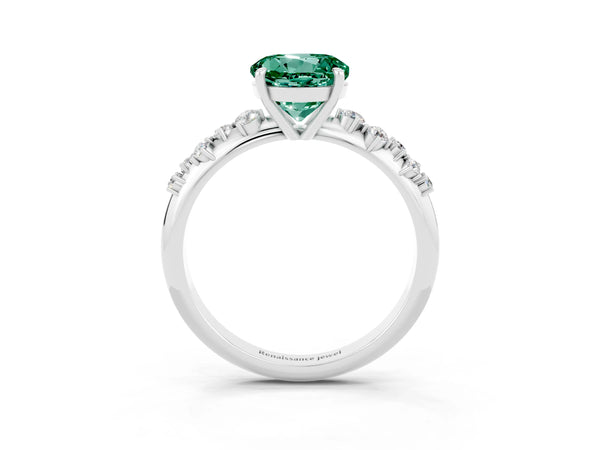 Platinum Round Cut Green Sapphire Cluster Side Stone Solitaire Ring with Prong Setting