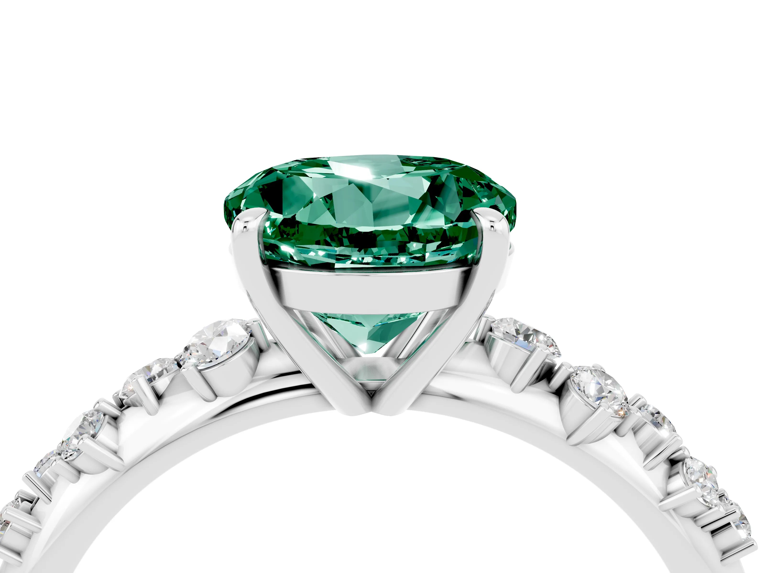 White gold Round Cut Green Sapphire Cluster Side Stone Solitaire Ring with Prong Setting_28