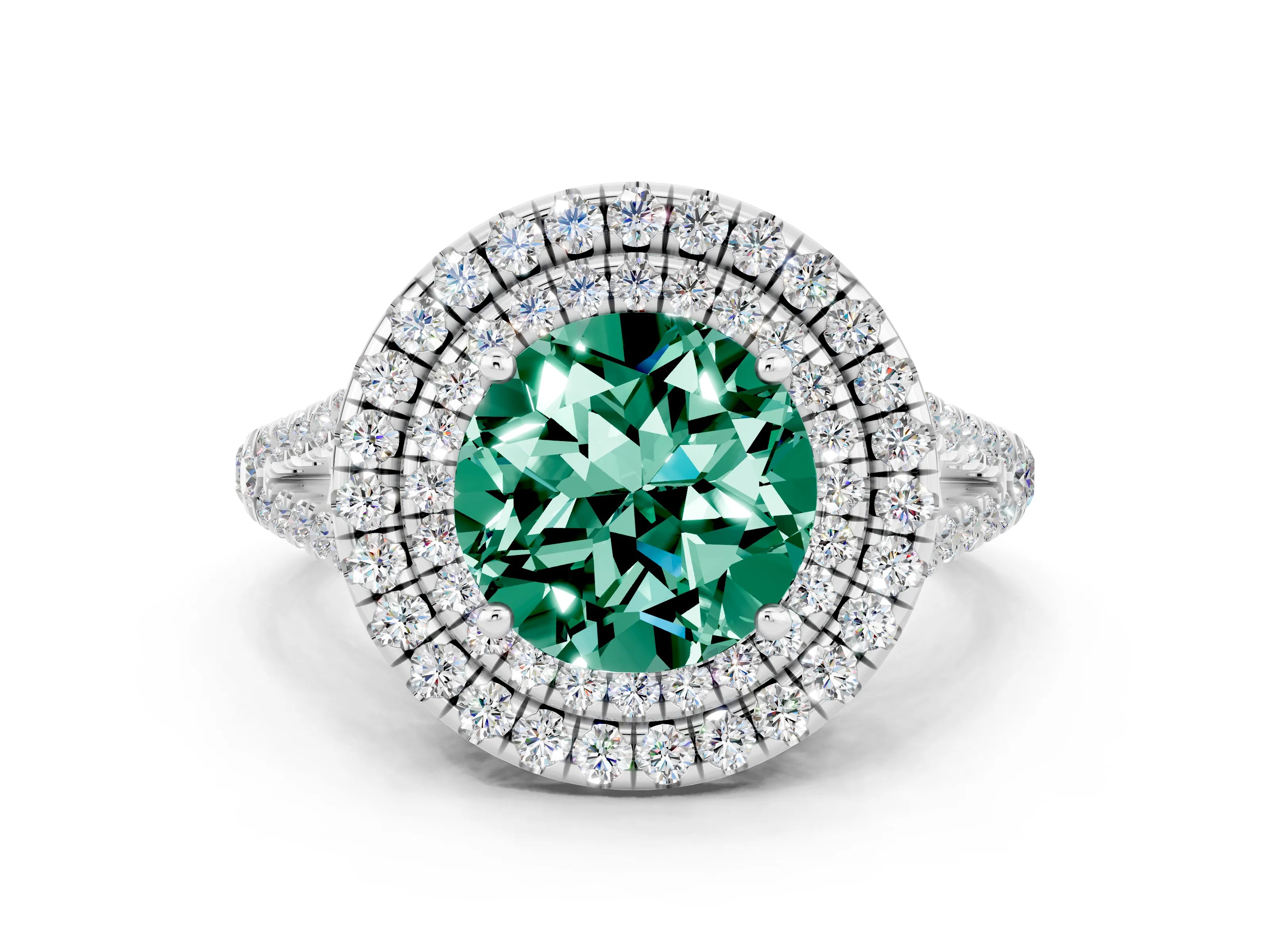 White gold Round Cut Green Sapphire Double Halo Ring with Pavé Band and Prong Setting_12