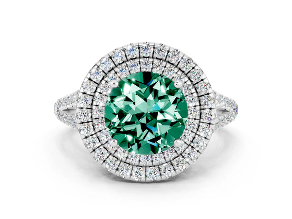 Platinum Round Cut Green Sapphire Double Halo Ring with Pavé Band and Prong Setting