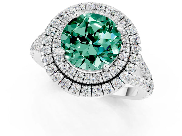 Platinum Round Cut Green Sapphire Double Halo Ring with Pavé Band and Prong Setting