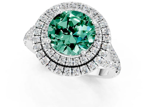 White gold Round Cut Green Sapphire Double Halo Ring with Pavé Band and Prong Setting_13