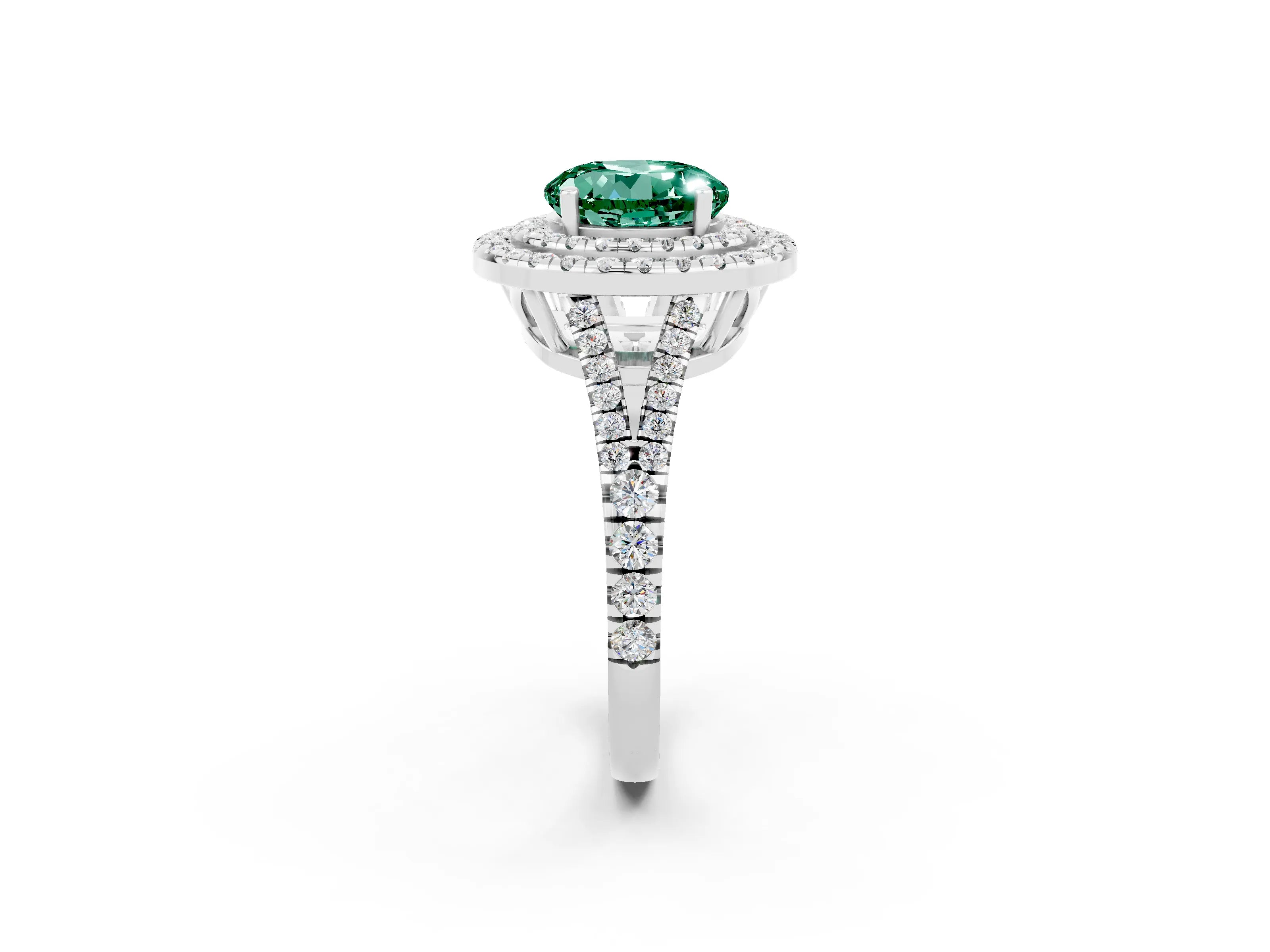 White gold Round Cut Green Sapphire Double Halo Ring with Pavé Band and Prong Setting_14
