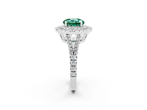 White gold Round Cut Green Sapphire Double Halo Ring with Pavé Band and Prong Setting_14