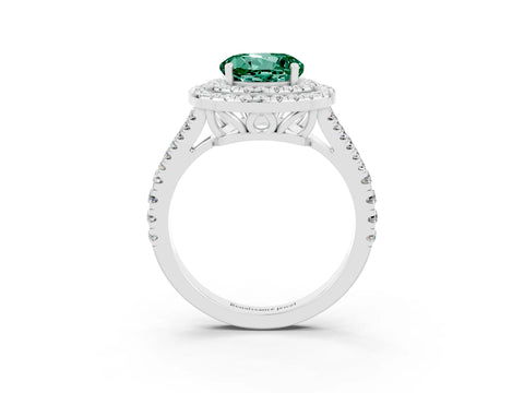 White gold Round Cut Green Sapphire Double Halo Ring with Pavé Band and Prong Setting_15