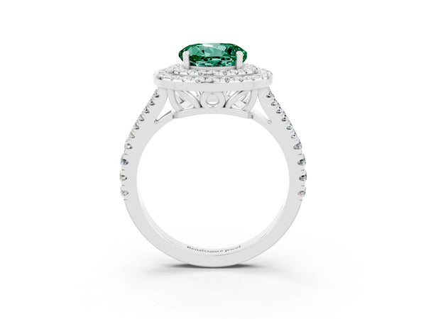 Silver Round Cut Green Sapphire Double Halo Ring with Pavé Band and Prong Setting