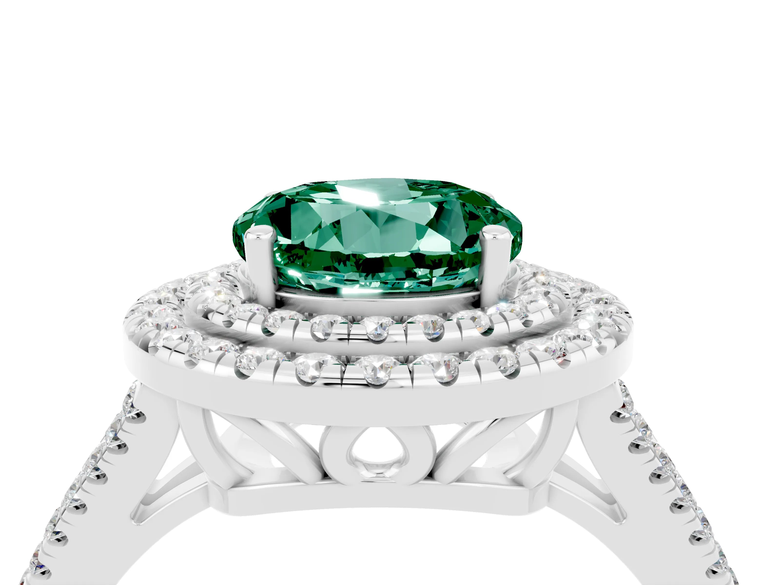 White gold Round Cut Green Sapphire Double Halo Ring with Pavé Band and Prong Setting_16