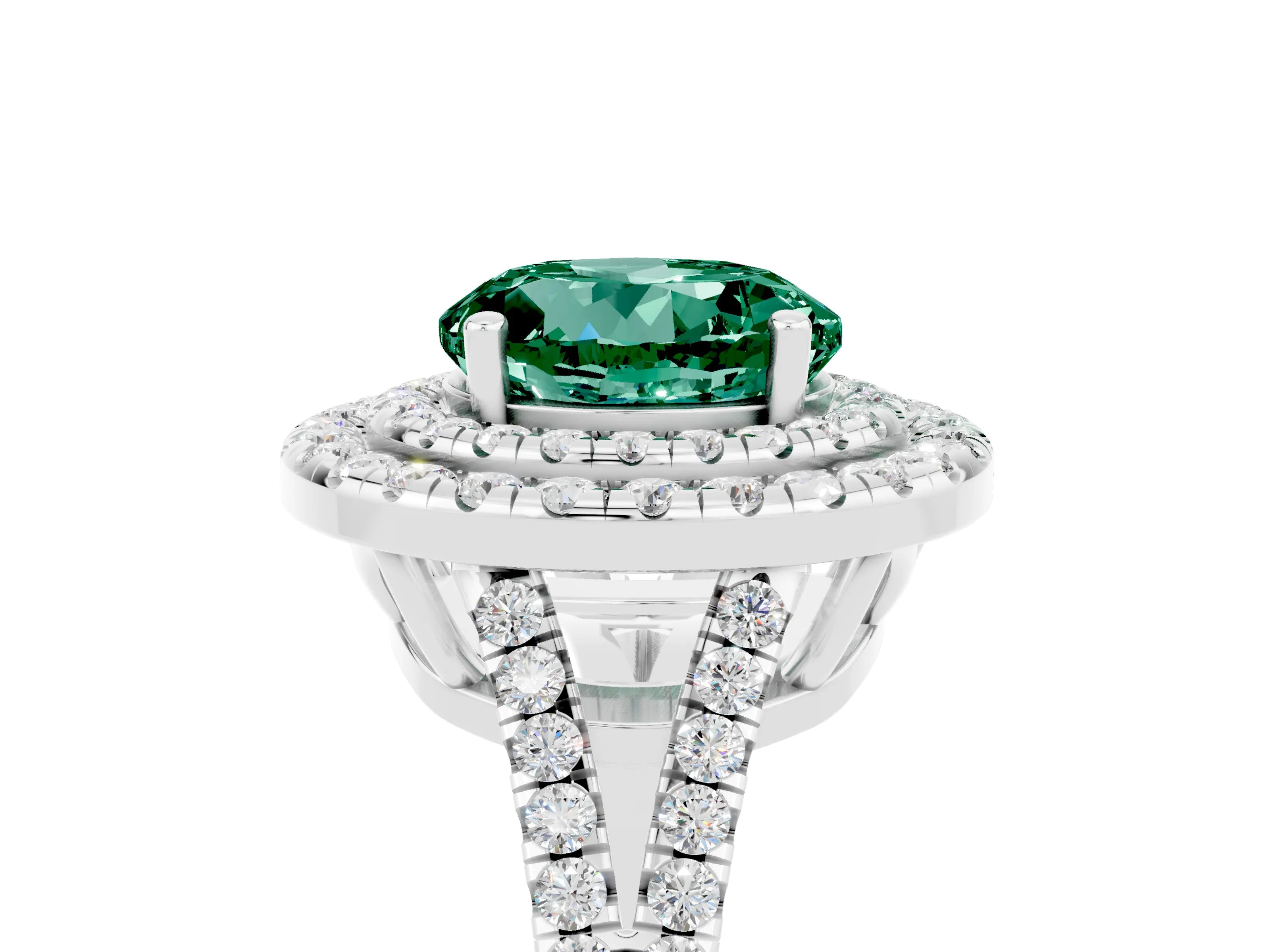 White gold Round Cut Green Sapphire Double Halo Ring with Pavé Band and Prong Setting_17