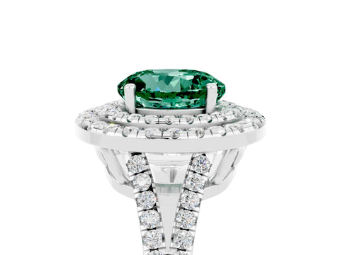 White gold Round Cut Green Sapphire Double Halo Ring with Pavé Band and Prong Setting_17