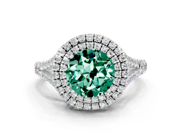 Silver Round Cut Green Sapphire Double Halo Ring with Split Shank and Prong Setting