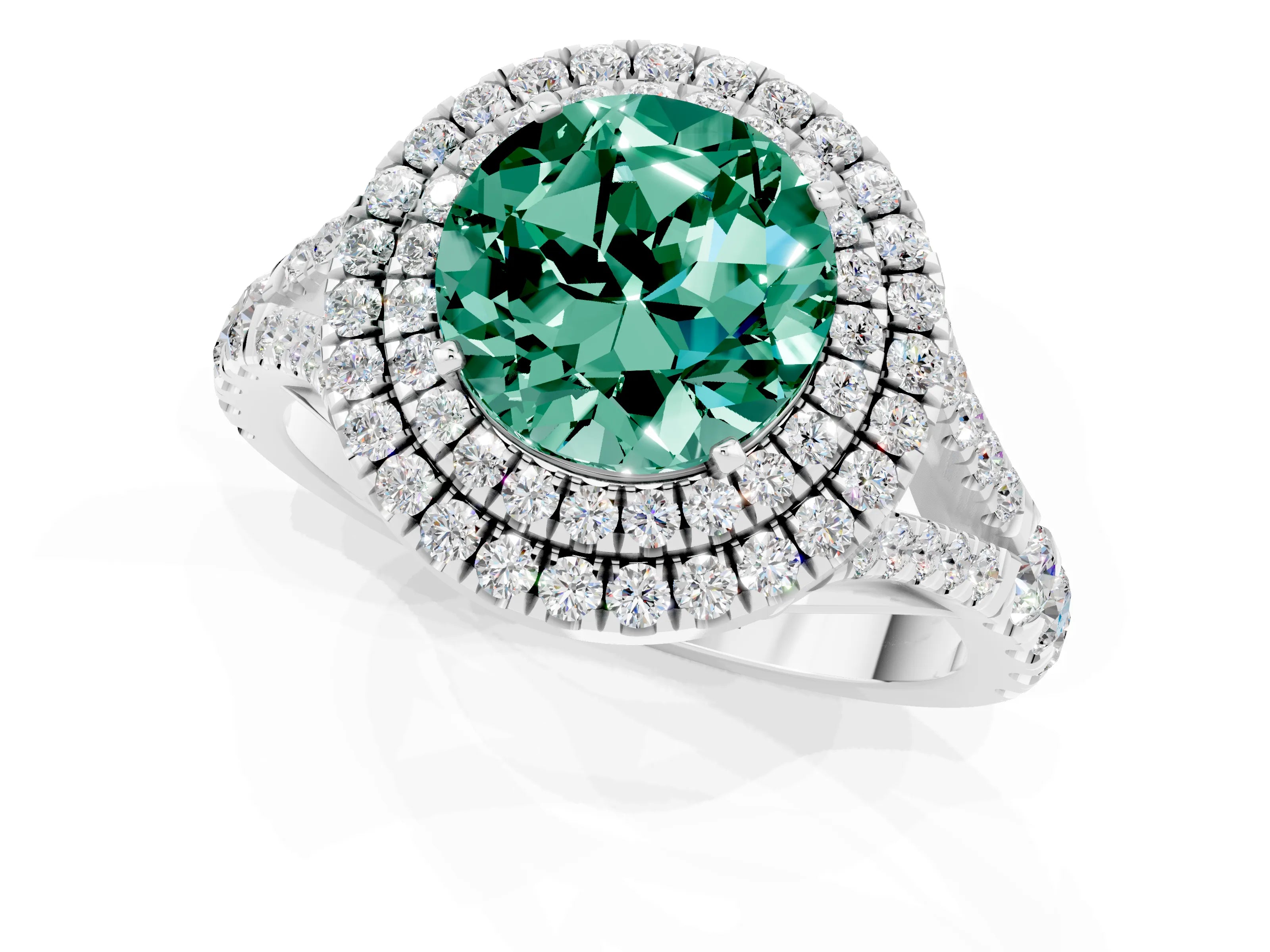 White gold Round Cut Green Sapphire Double Halo Ring with Split Shank and Prong Setting_13