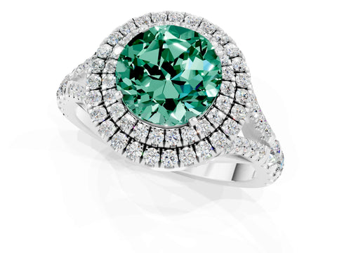 White gold Round Cut Green Sapphire Double Halo Ring with Split Shank and Prong Setting_13